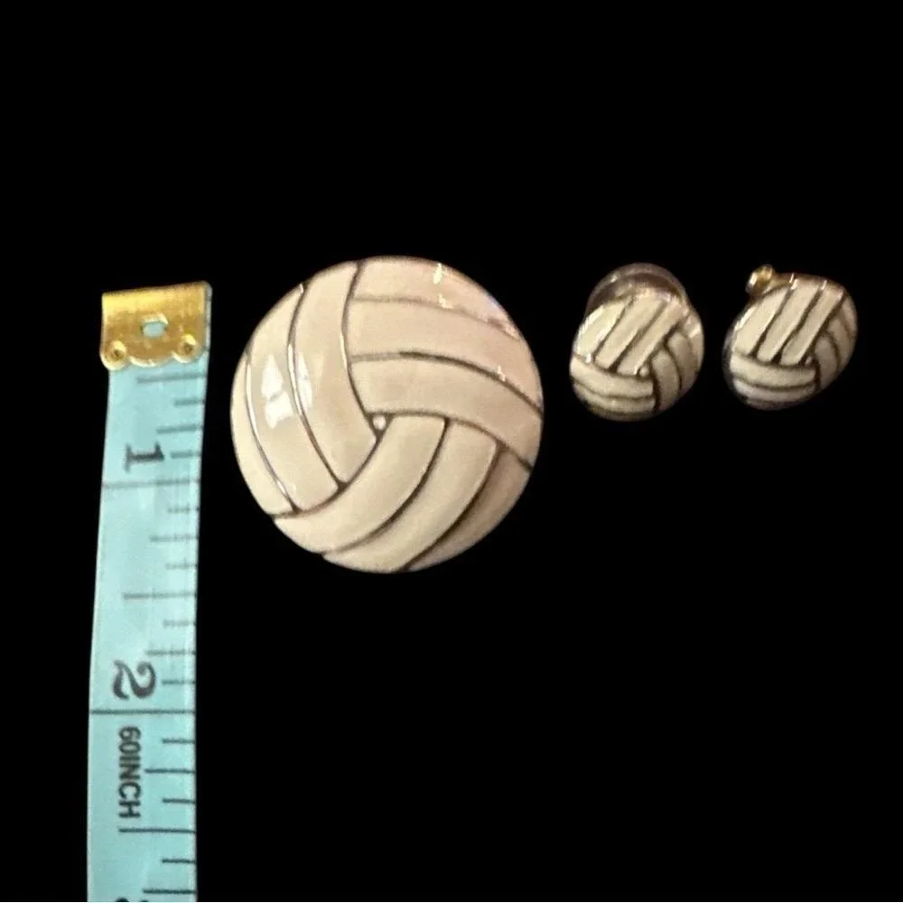 Vintage Cream Enamel Brooch & Earrings Set Retro Gold Tone‎ Jewelry